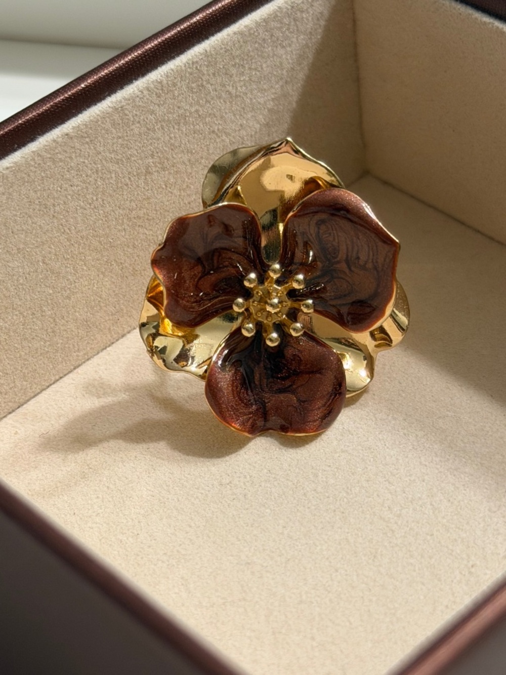 Golden Brown Irregular Double Layer 3-Petal Flower Adjustable Ring
